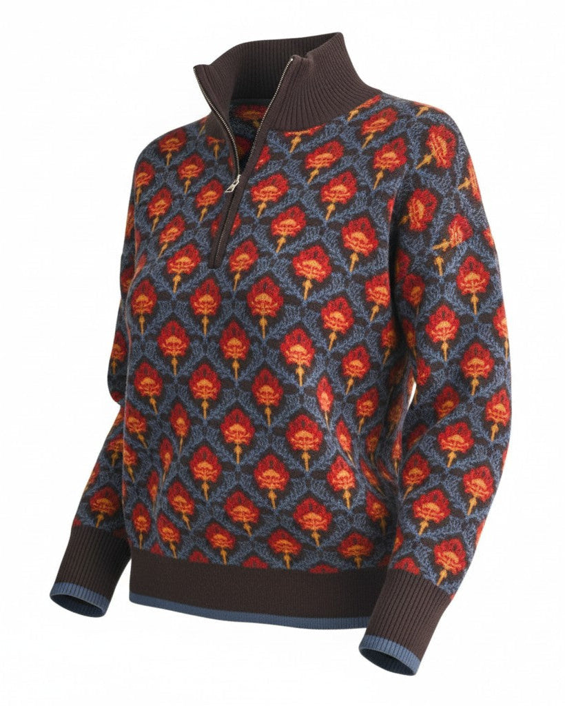 Patterned floral 1/2 zip brown and blue sweater with red and orange vintage floral accents on a white background.