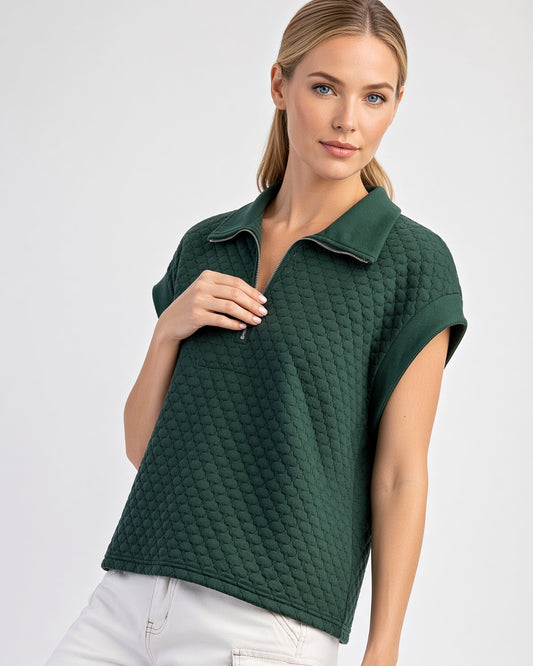 Front view of Forest green textured pullover showing cap sleeves and relaxed silhouette.