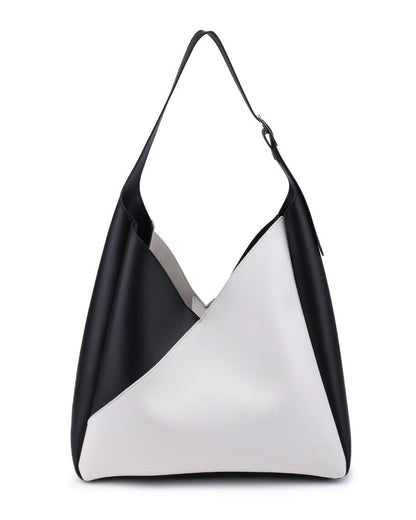 Large hobo handbag with asymmetric silhouette in black vegan leather.