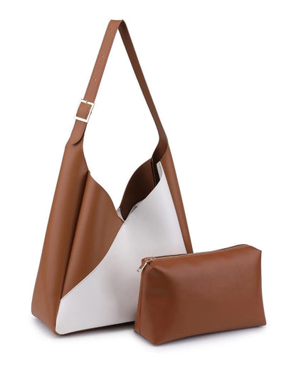 Brown and white handbag with matching pouch on a white background