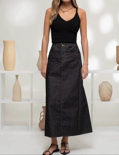 Black ribbed sweater knit tank with a V-neckline and a fitted stretch design.