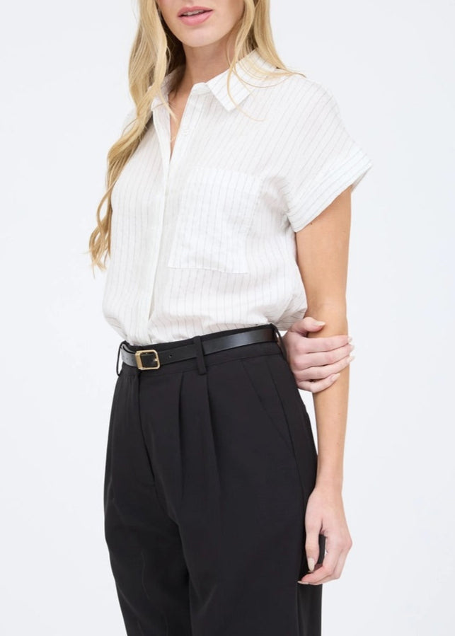 White short-sleeve pinstripe button-down shirt with a collared neckline and pocket detail.