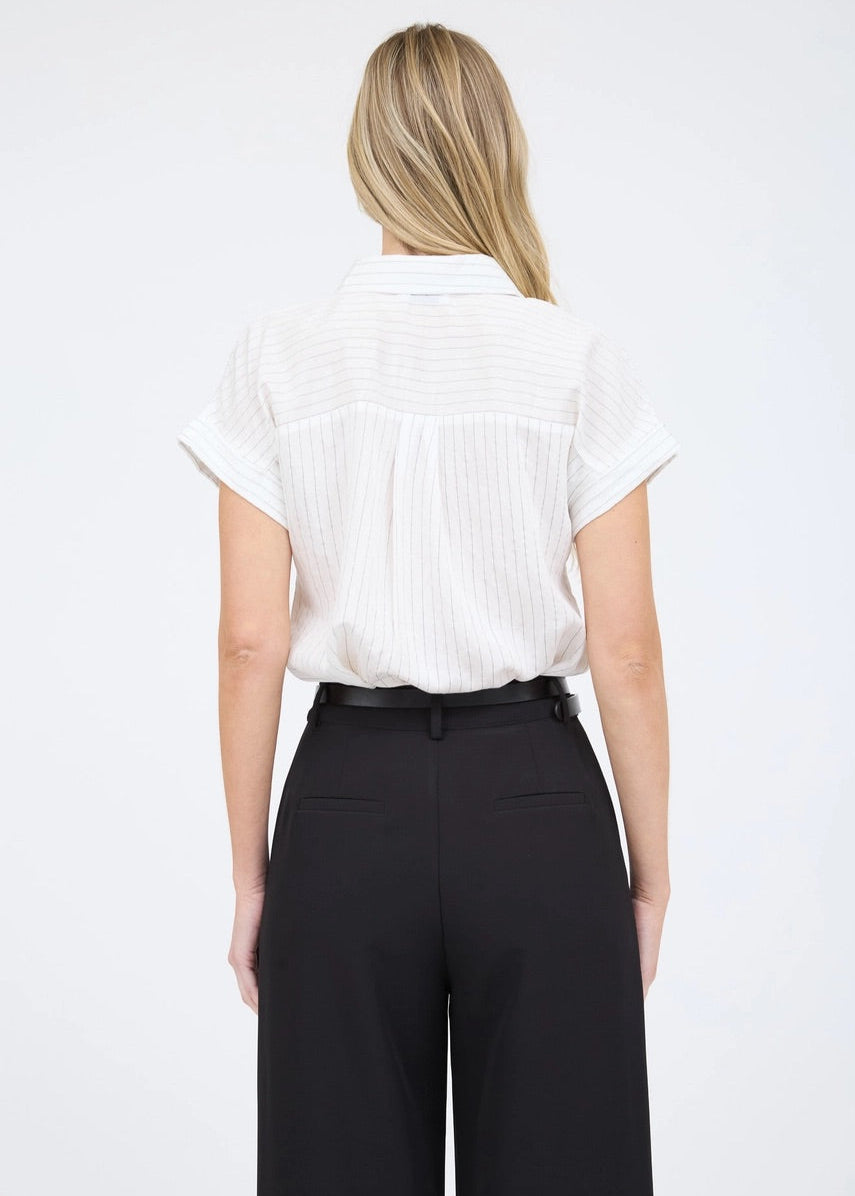 White short-sleeve pinstripe button-down shirt with a collared neckline and pocket detail.