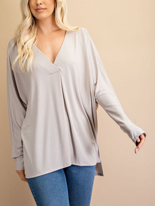 Cool Beige V-Neck Jersey Long Sleeve Top