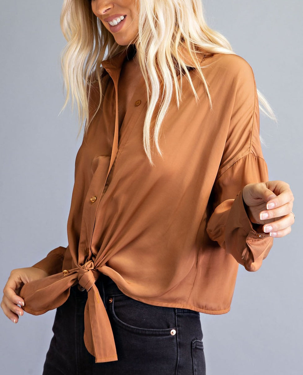 Copper Penny Front Tie Button Up Blouse – Wish Upon Boutique