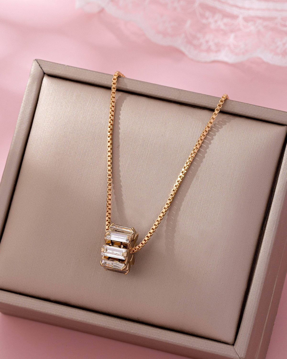 Gold-Tone Baguette Crystal Barrel Pendant Necklace