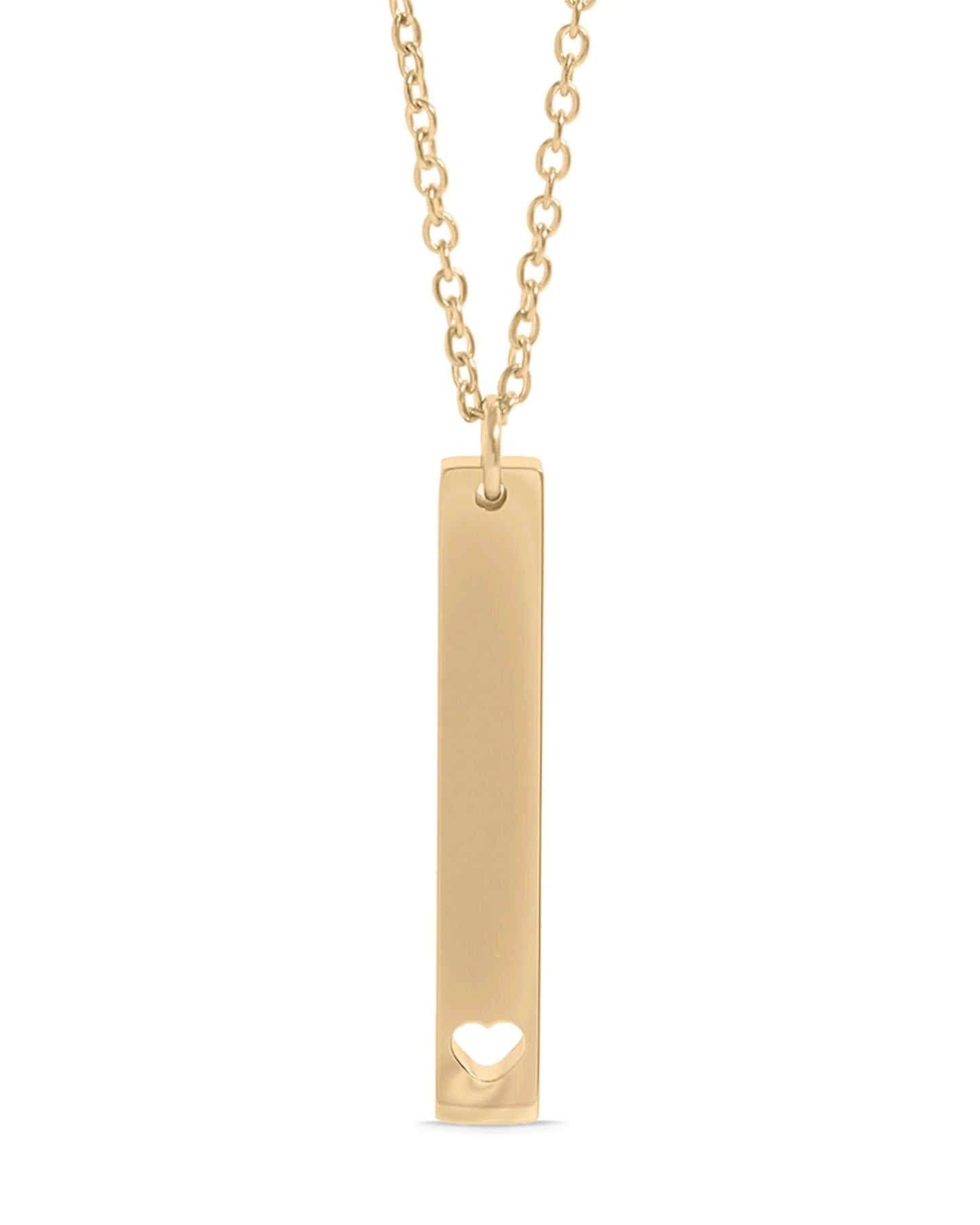 Gold necklace with a vertical bar pendant featuring a heart cutout on a white background.