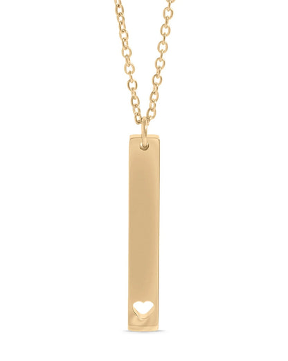 Gold necklace with a vertical bar pendant featuring a heart cutout on a white background.