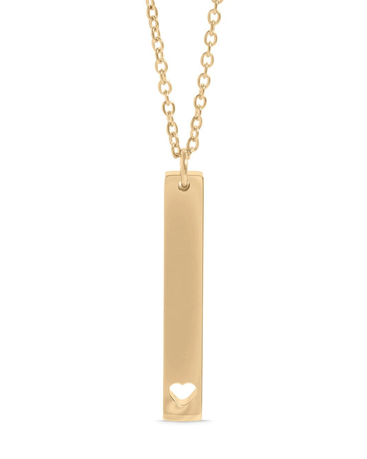 Gold necklace with a vertical bar pendant featuring a heart cutout on a white background.