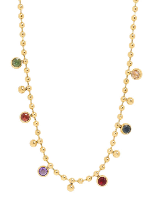 Multicolor beaded gem necklace on gold or stainless chain.
