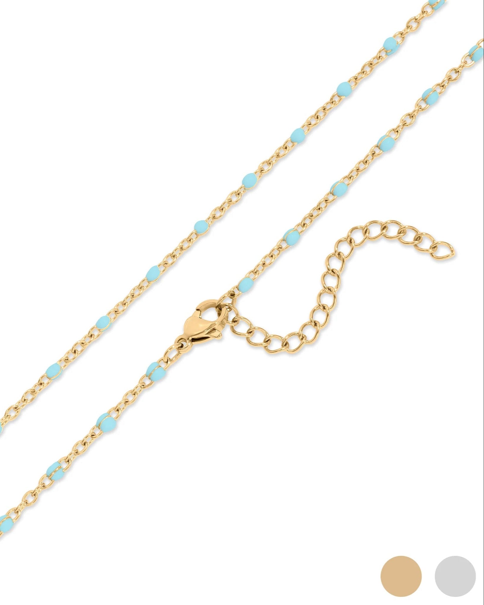 Gold chain necklace with blue beads on a white background.