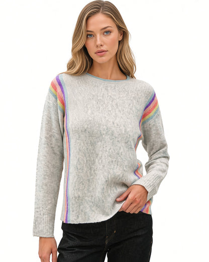 Close-up front view of grey Rainbow Prism wool-blend crewneck sweater with rainbow side stripes and ribbed cuffs and hem.