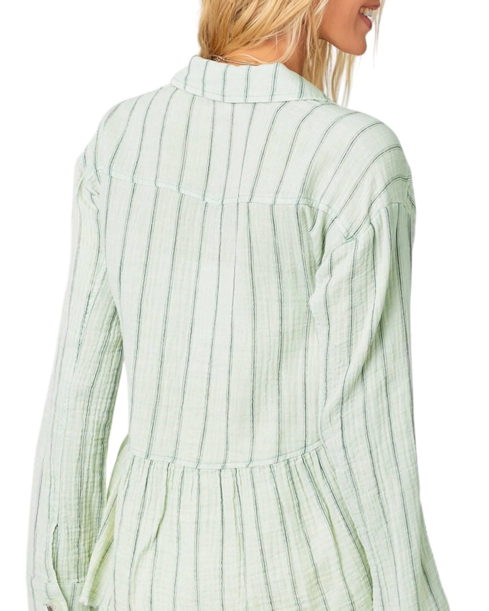 Serene green washed cotton peplum jacket with vertical stripes.