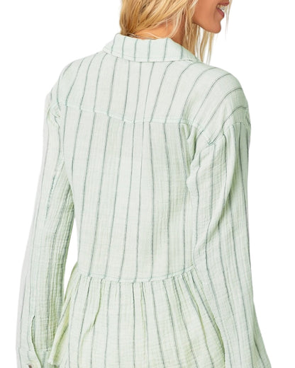 Serene green washed cotton peplum jacket with vertical stripes.