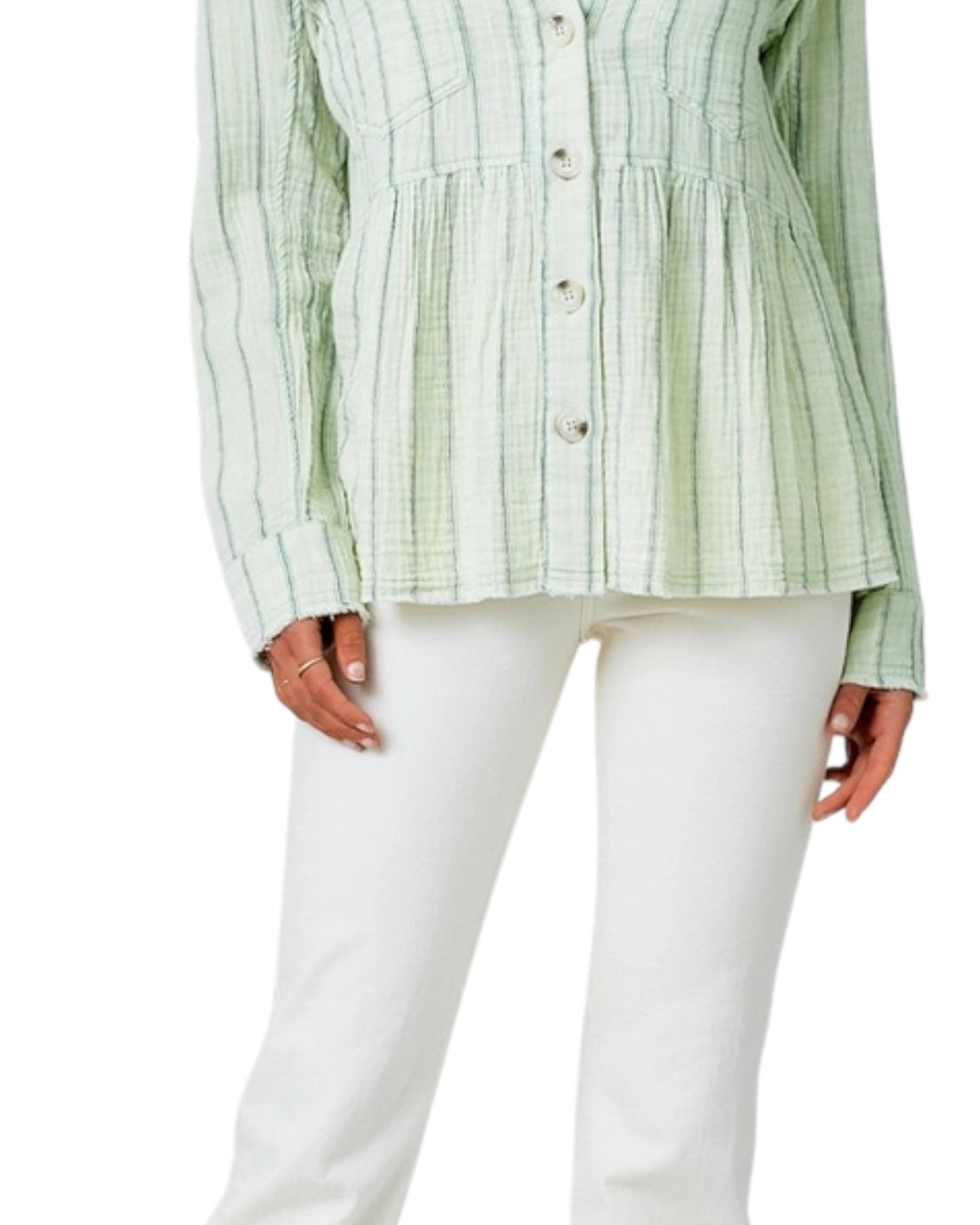 Green striped peplum jacket with white pants on a white background.