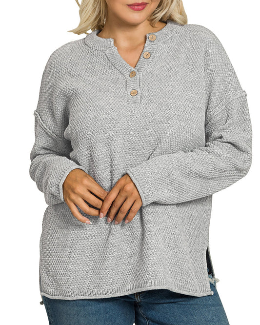 Curvy heather grey henley sweater with four buttons and relaxed fit.