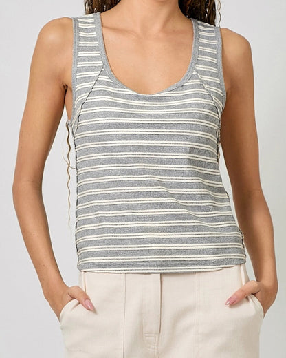 Grey and ivory striped tank top with scoop neck and raw edge seams.