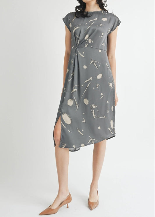 Grey satin midi dress with ivory abstract print, front pleat detail, and cap sleeves. 