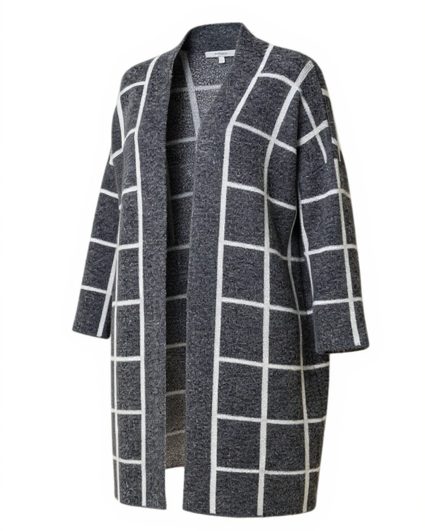 Charcoal and white open cardigan with a relaxed fit. 