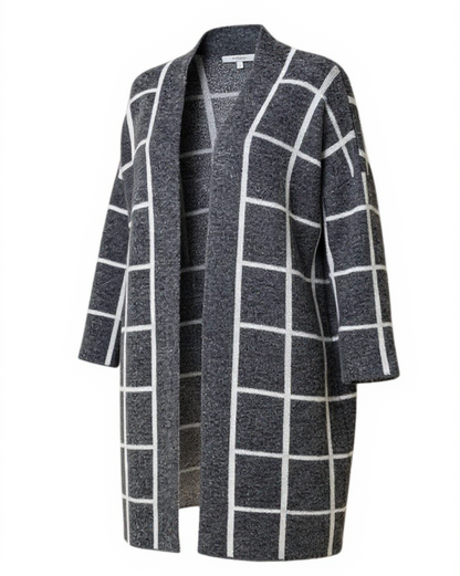 Charcoal and white open cardigan with a relaxed fit. 