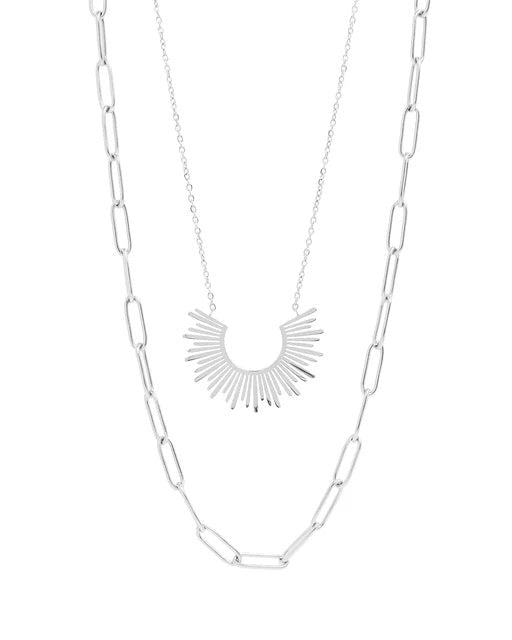 Silver half sun and paperclip chain layered necklace. 