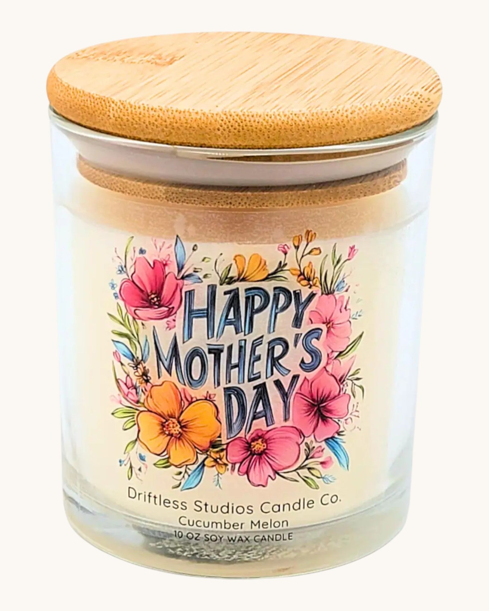 Candle with 'Happy Mother's Day' text and floral design on a white background.