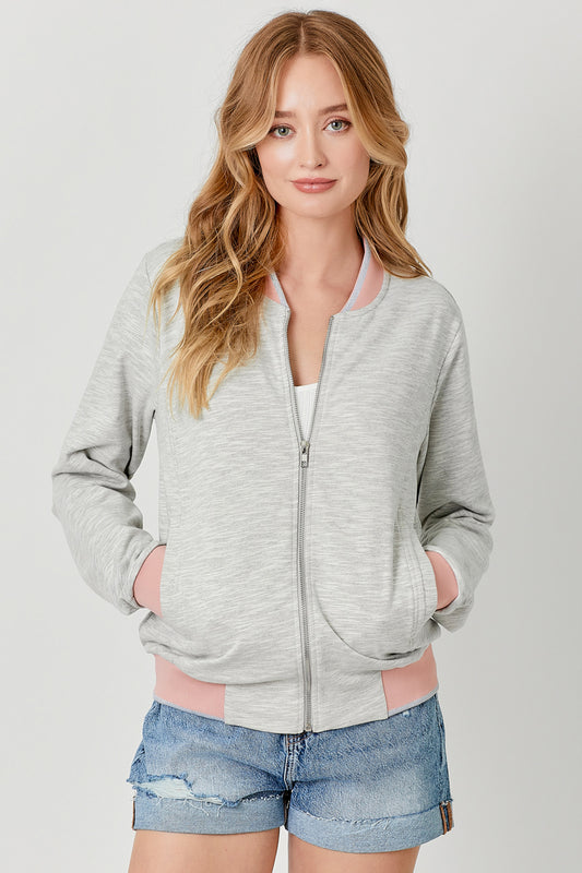 Heather grey bomber jacket with pink and silver contrast details on hem, sleeves and neckline. 