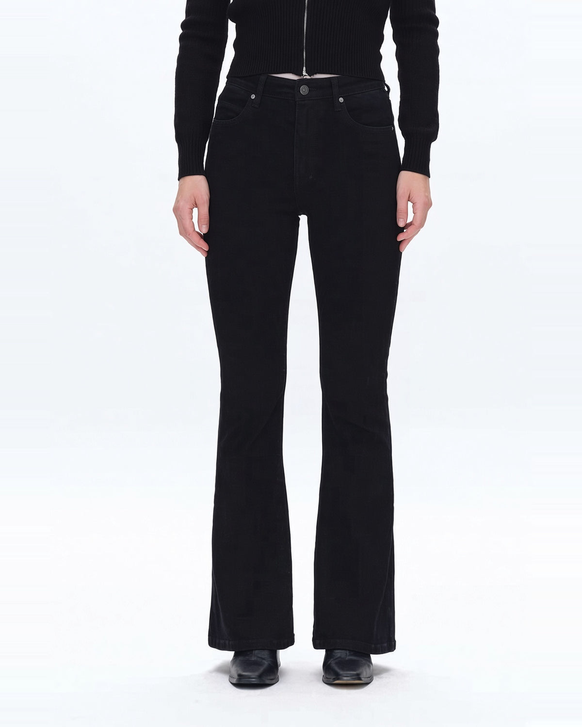 High Rise Black Denim Flare Jeans shown from waist down.