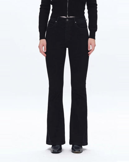 High Rise Black Denim Flare Jeans shown from waist down.