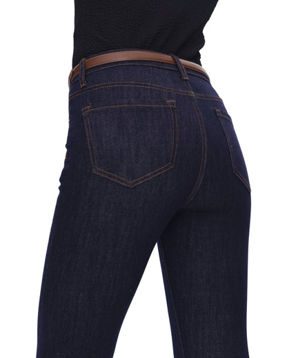 Dark blue jeans with a brown belt on a white background