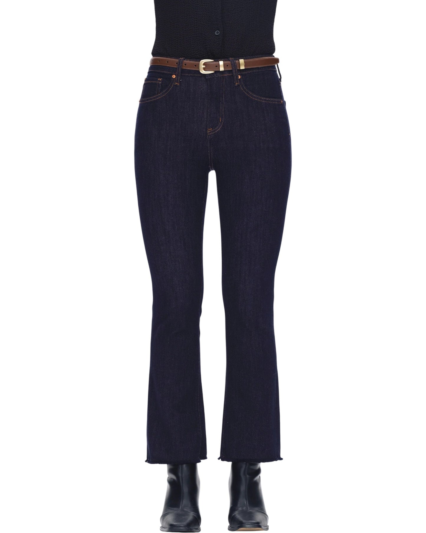 Dark blue jeans with a brown belt on a white background