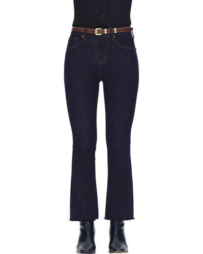 Dark blue jeans with a brown belt on a white background