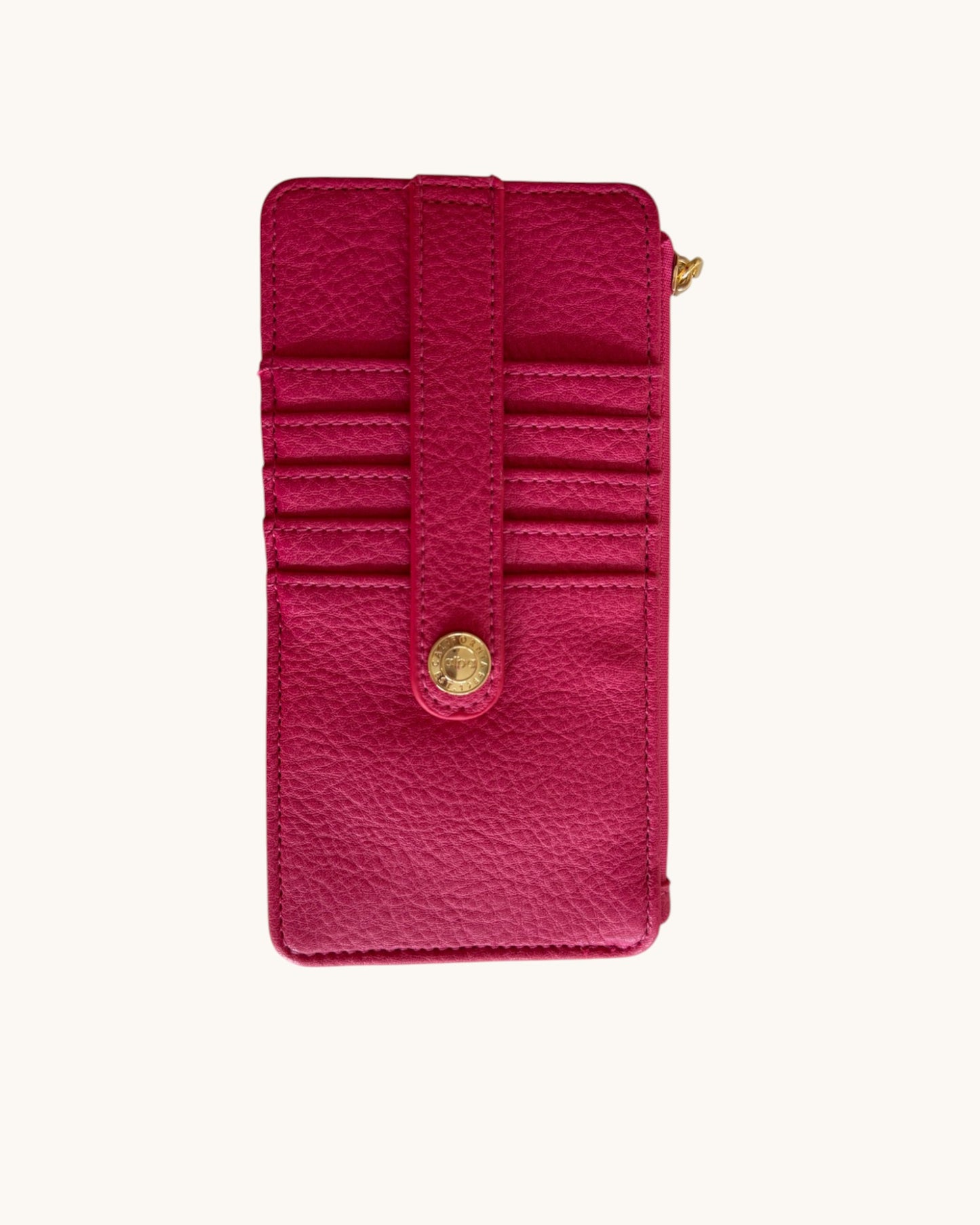 Pink wallet with a gold zipper on a white background.