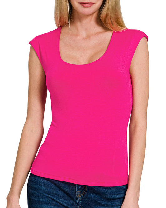 Hot Pink double layer sleeveless top with scoop neckline and stretchy fit.