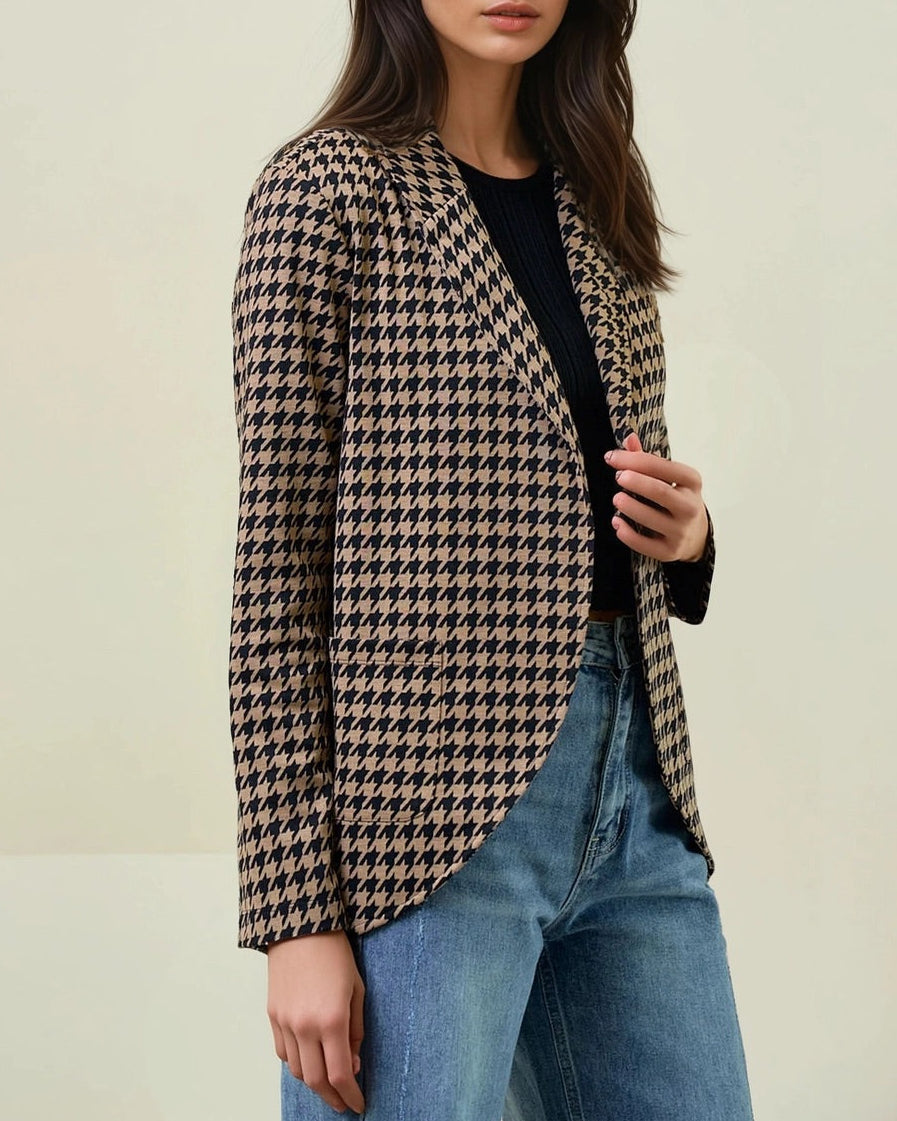 Woman wearing a Houndstooth Shawl Blazer Black and Mocha with open front and modern collar.