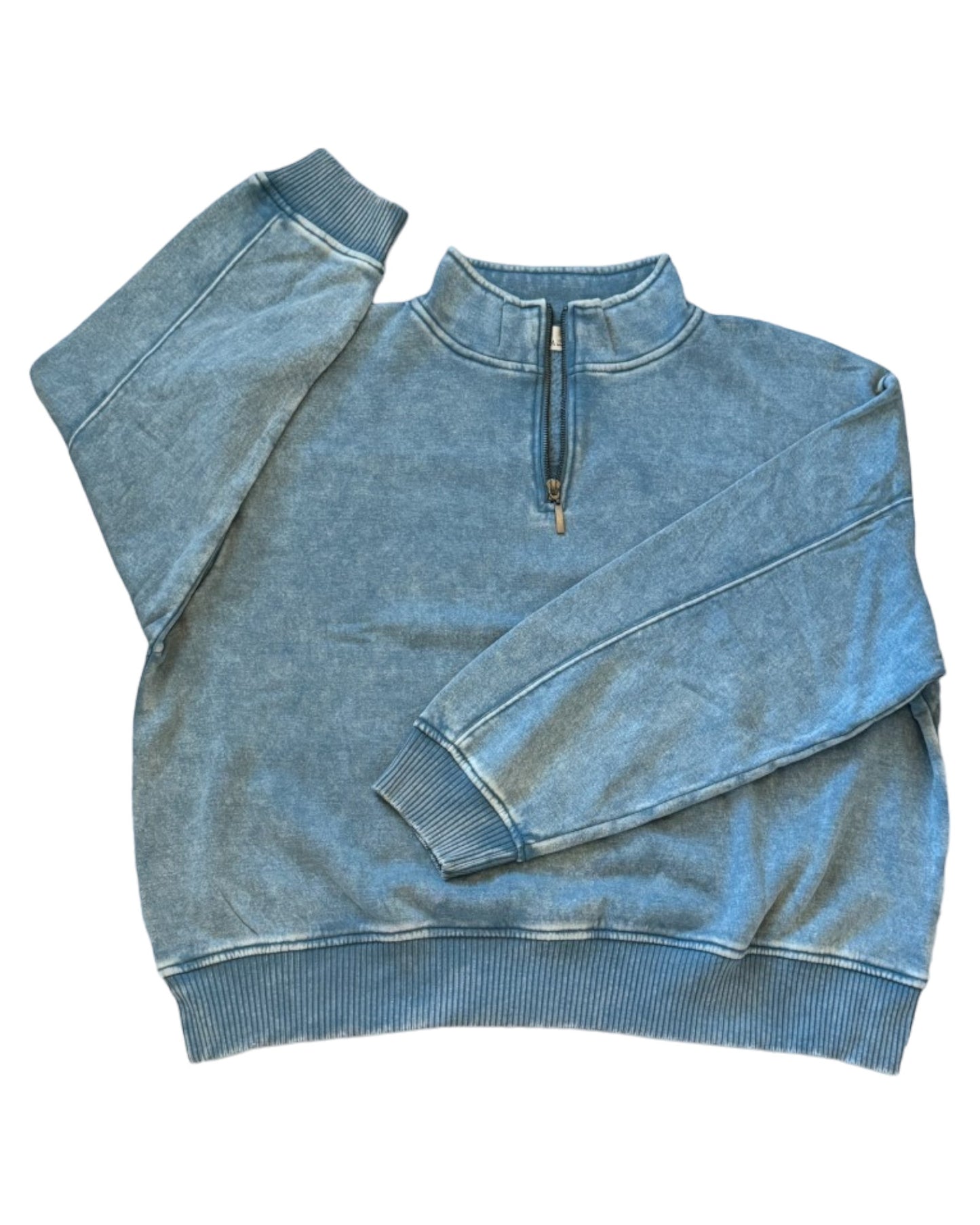 Curvy Ocean Blue Acid Wash Half Zip Pullover
