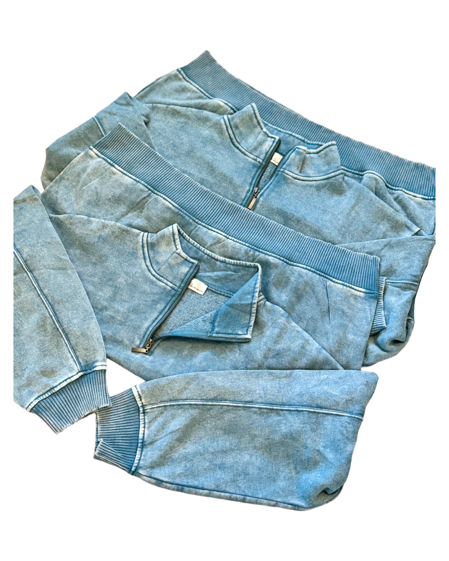 Curvy Ocean Blue Acid Wash Half Zip Pullover