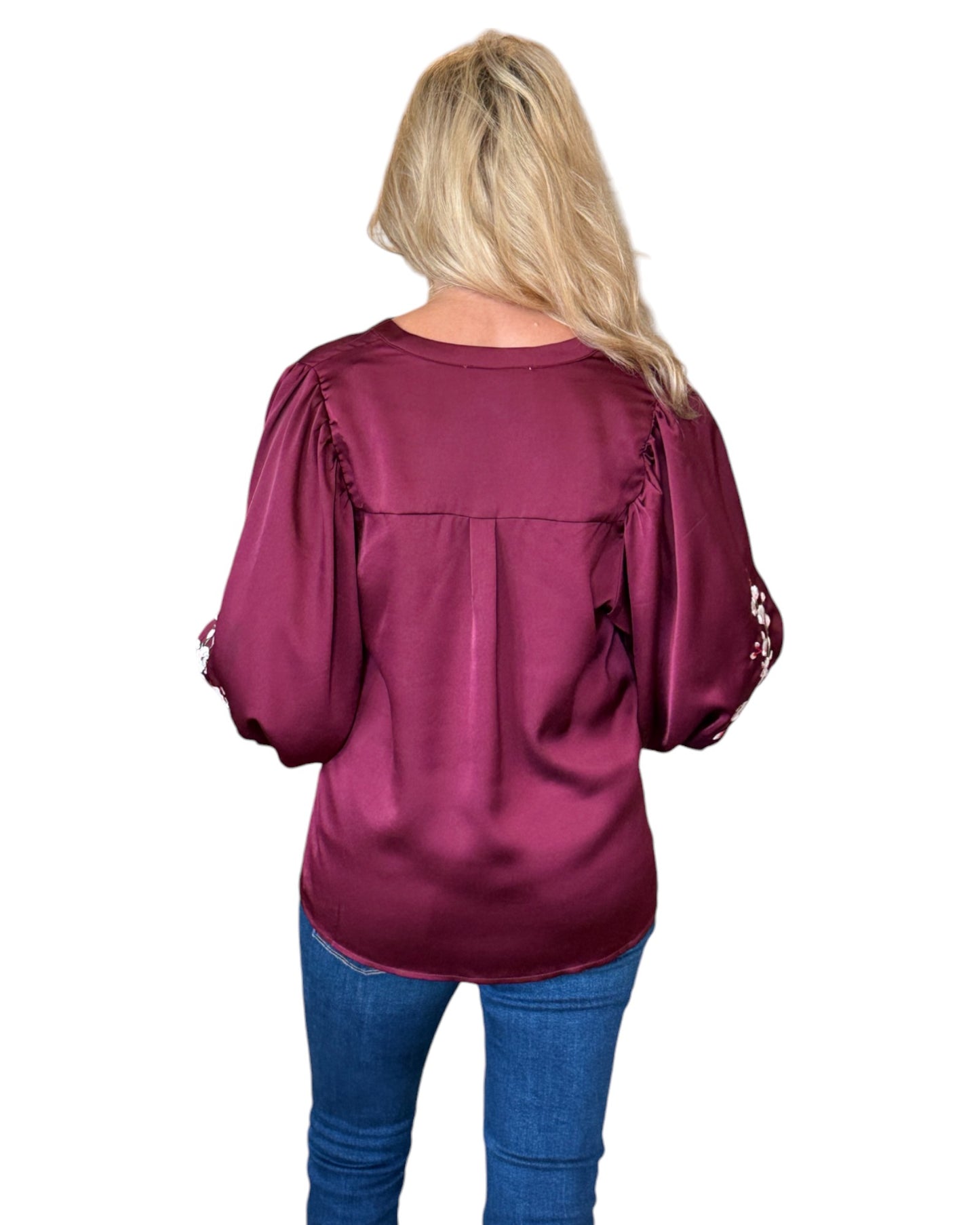 Cranberry Floral Embroidered Balloon Sleeve Top