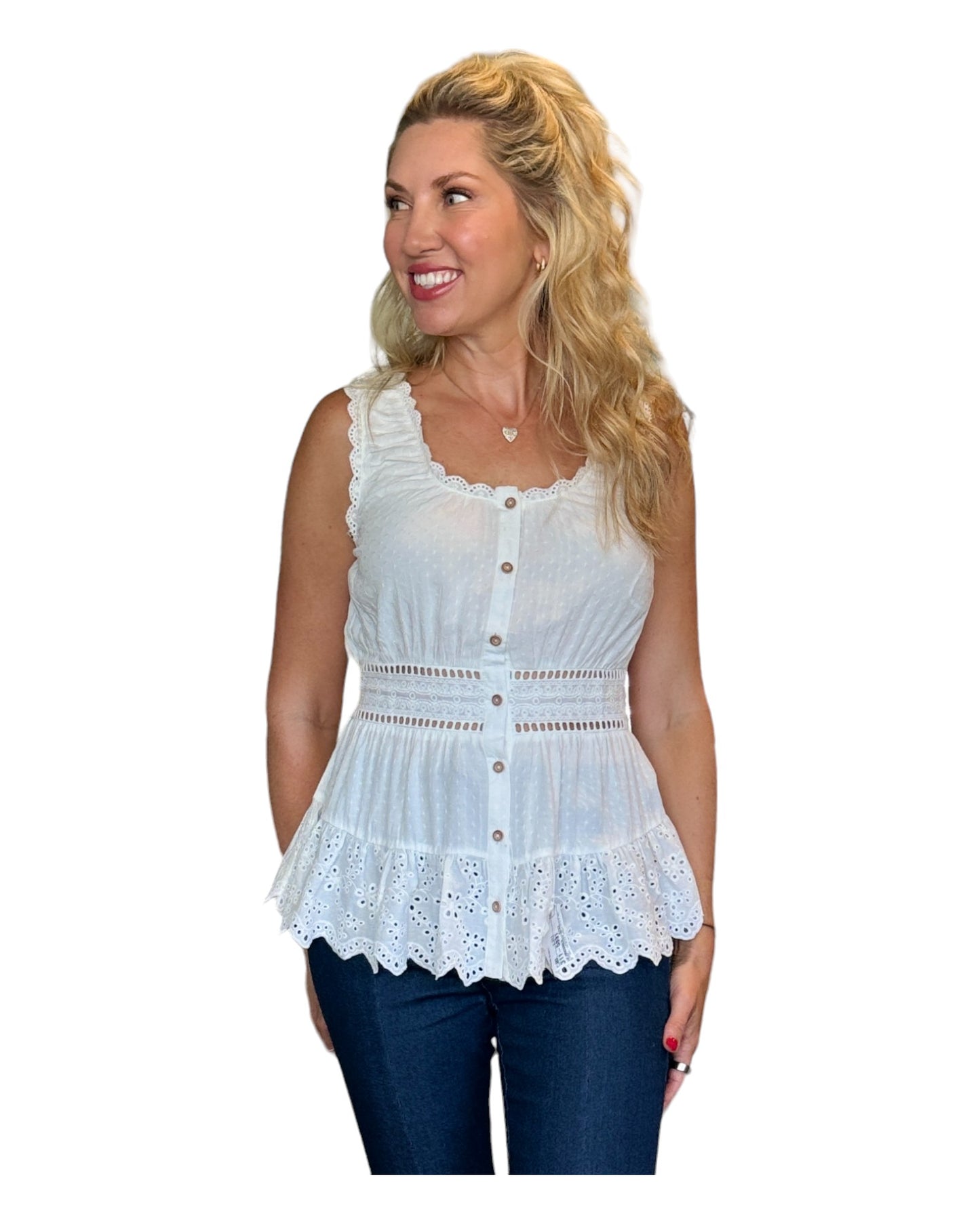 Dove Ruffle and Romance Eyelet Tank Top