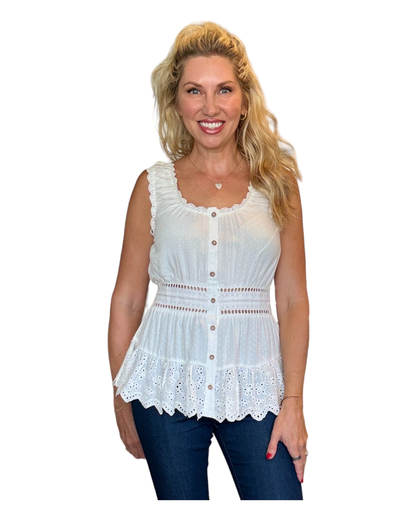 Dove Ruffle and Romance Eyelet Tank Top