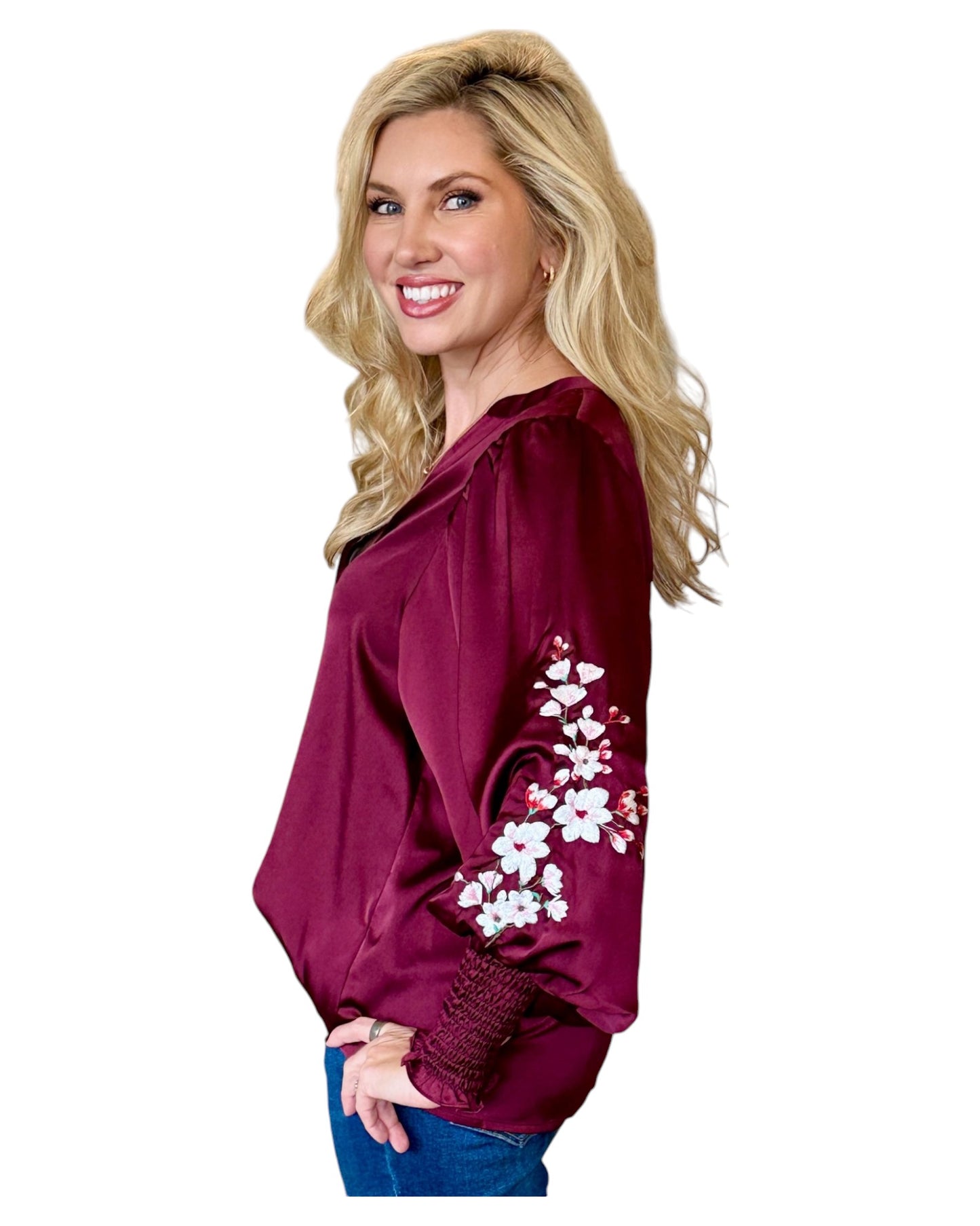 Cranberry Floral Embroidered Balloon Sleeve Top