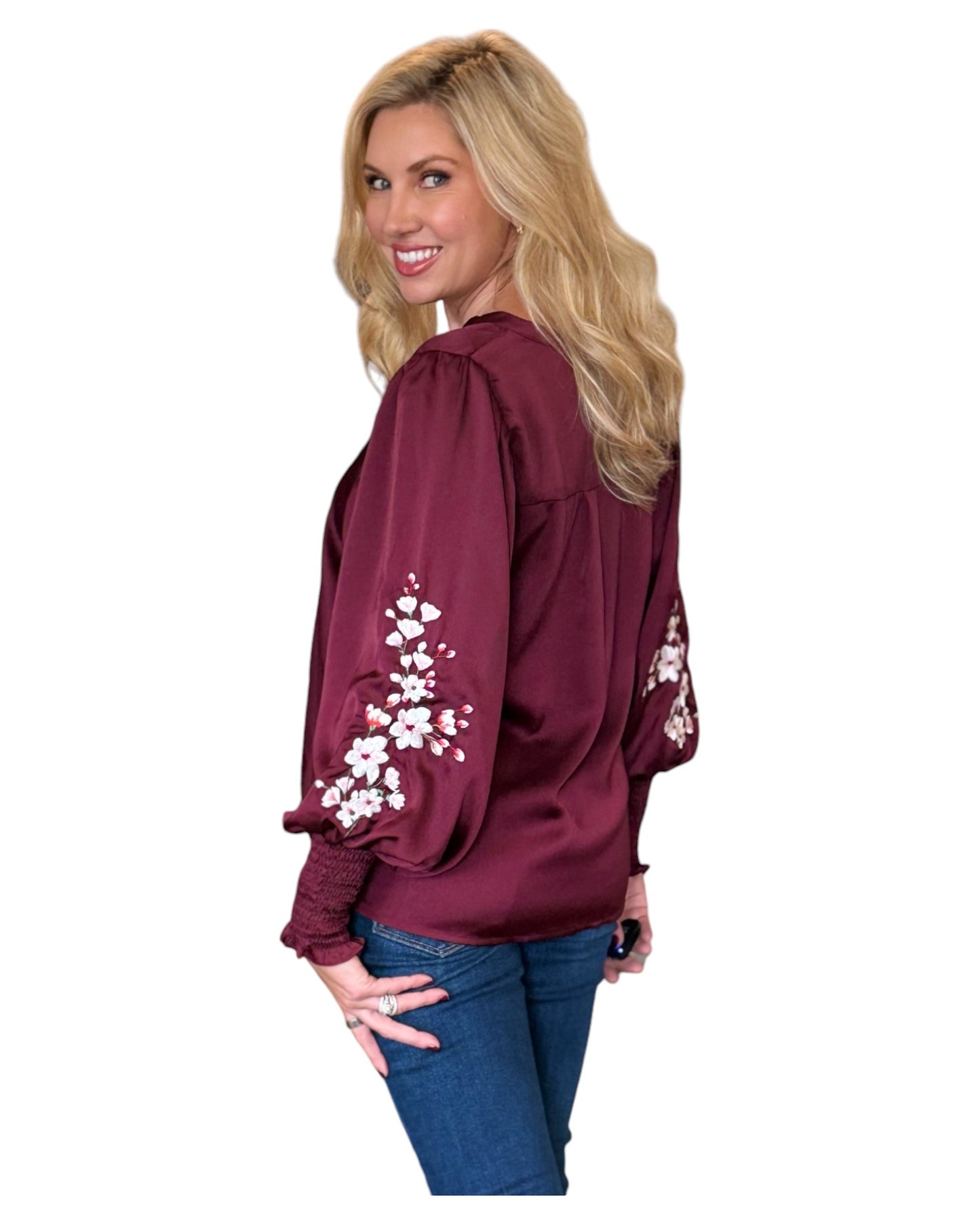 Cranberry Floral Embroidered Balloon Sleeve Top