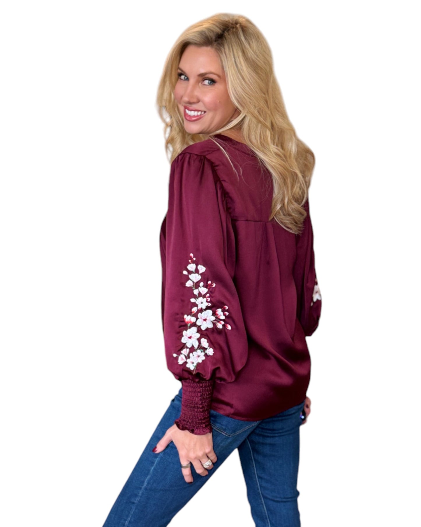 Cranberry Floral Embroidered Balloon Sleeve Top