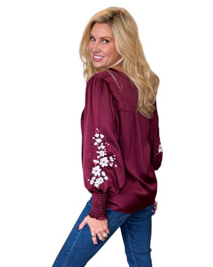 Cranberry Floral Embroidered Balloon Sleeve Top