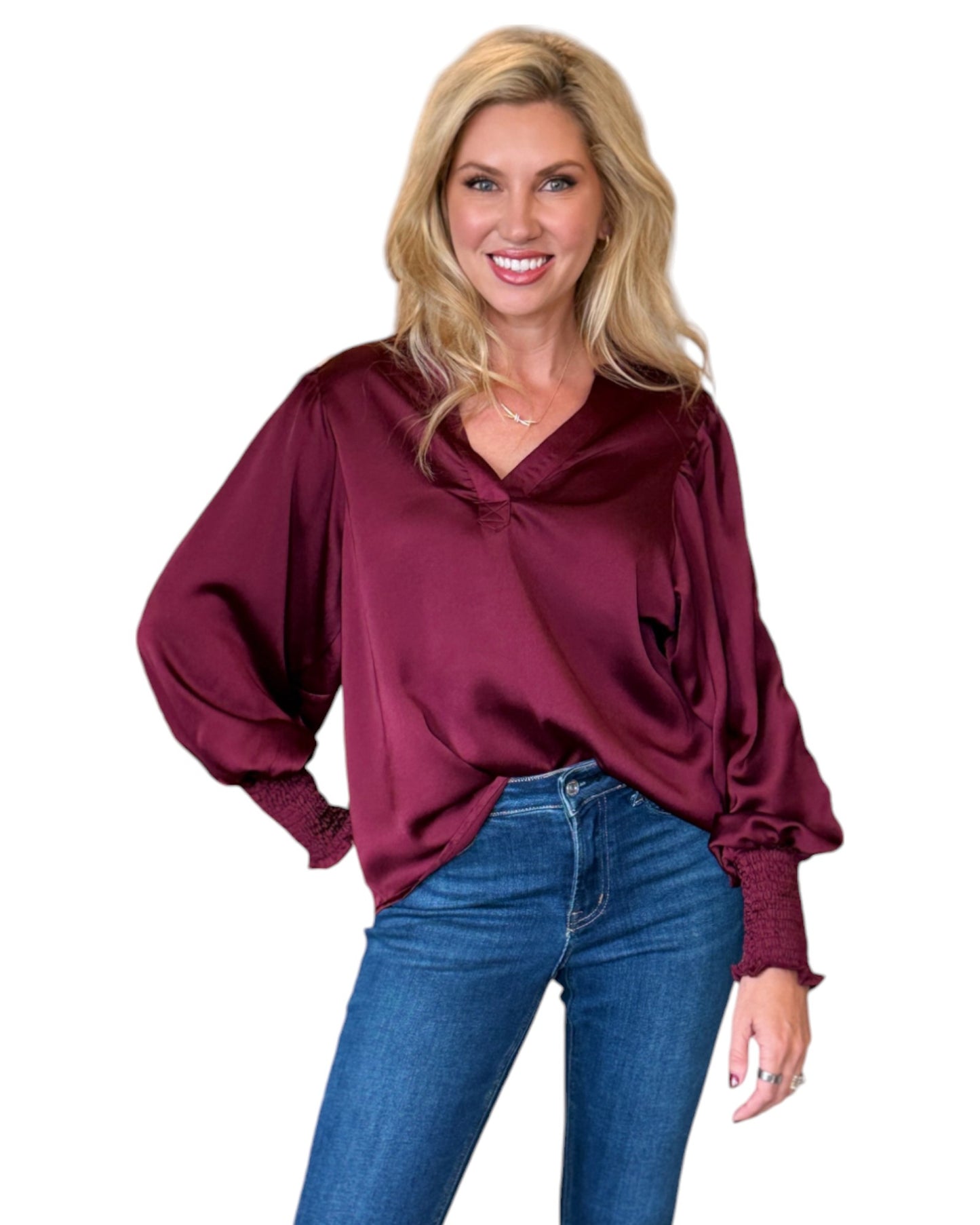 Cranberry Floral Embroidered Balloon Sleeve Top