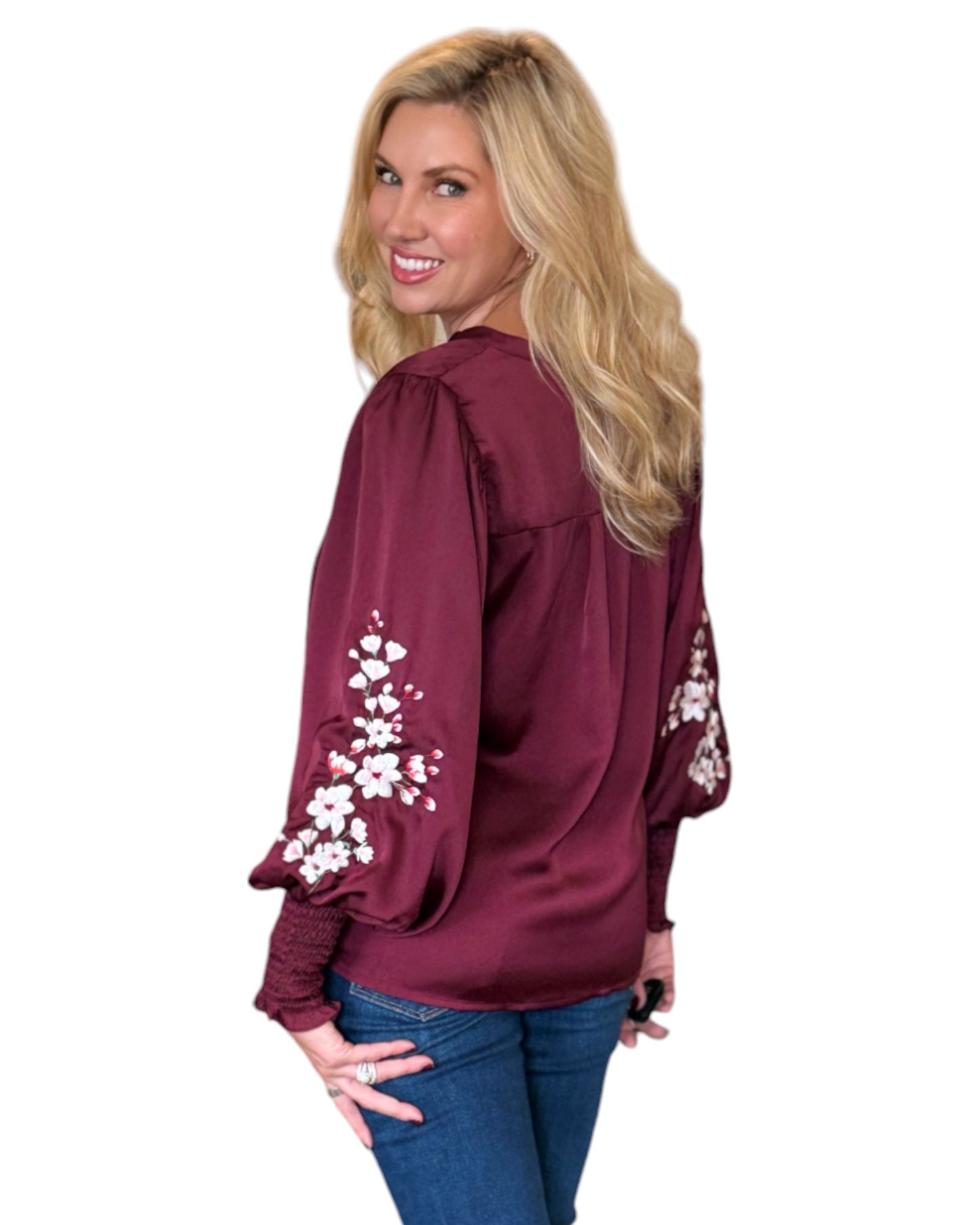Cranberry Floral Embroidered Balloon Sleeve Top