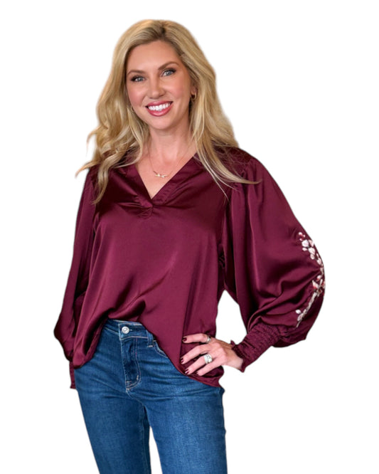 Cranberry Floral Embroidered Balloon Sleeve Top