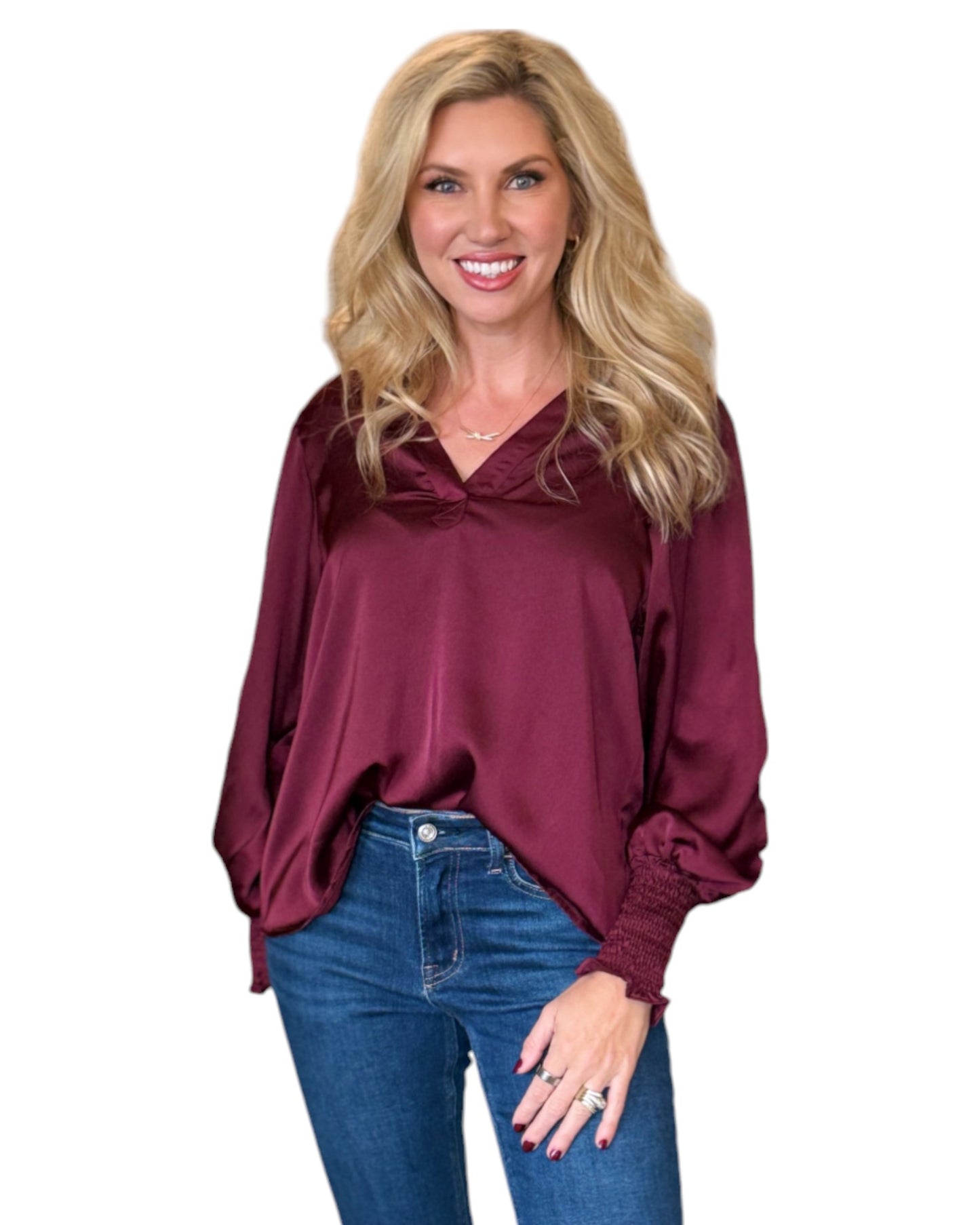 Cranberry Floral Embroidered Balloon Sleeve Top