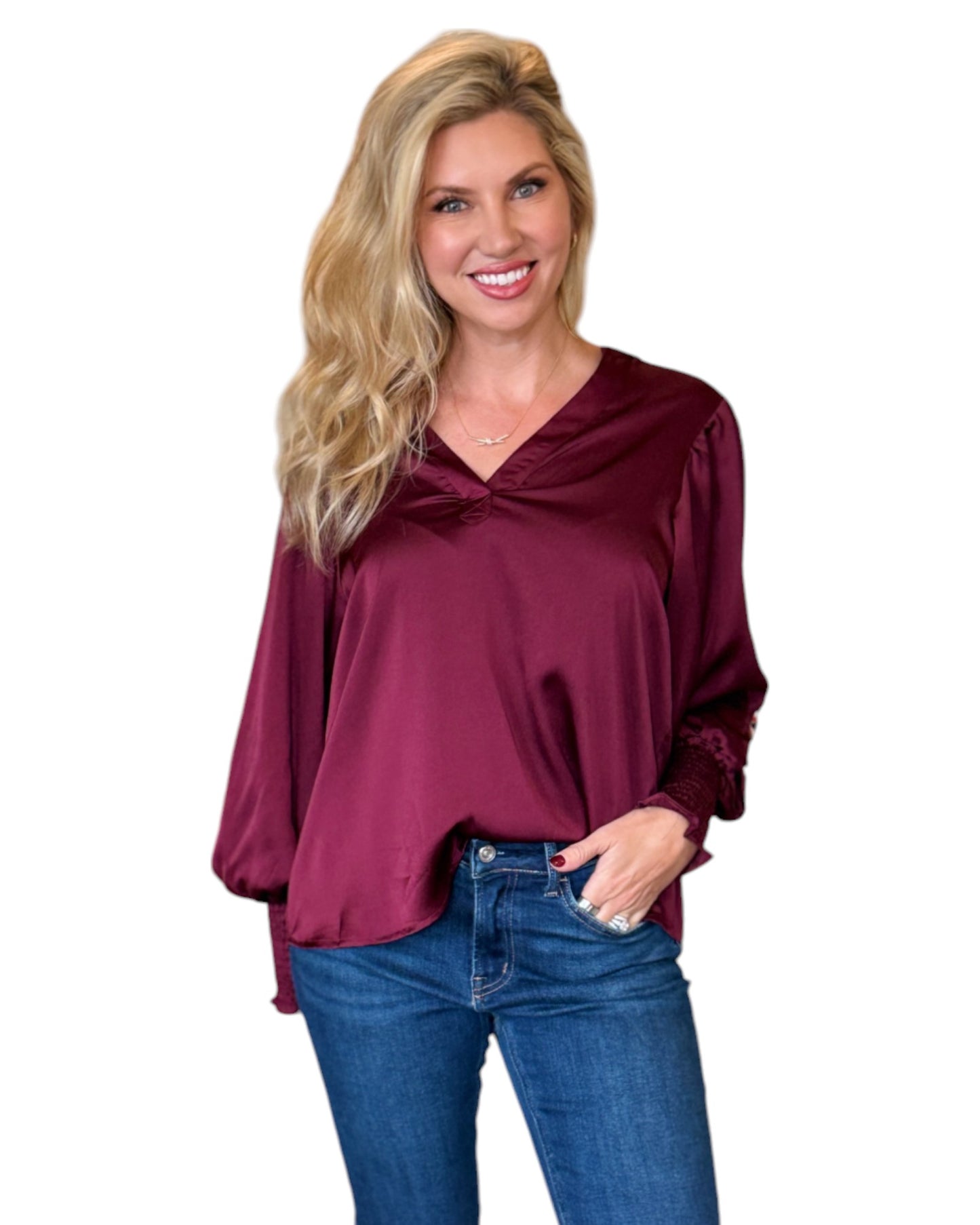Cranberry Floral Embroidered Balloon Sleeve Top
