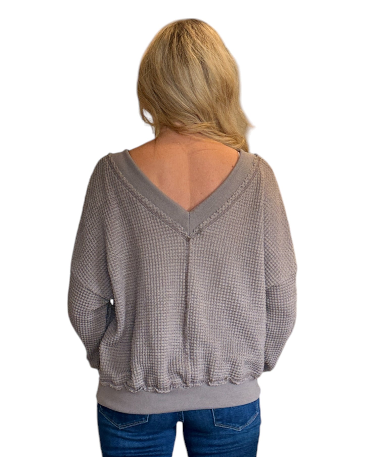 Mocha Dual-V Waffle Textured Long Sleeve Top